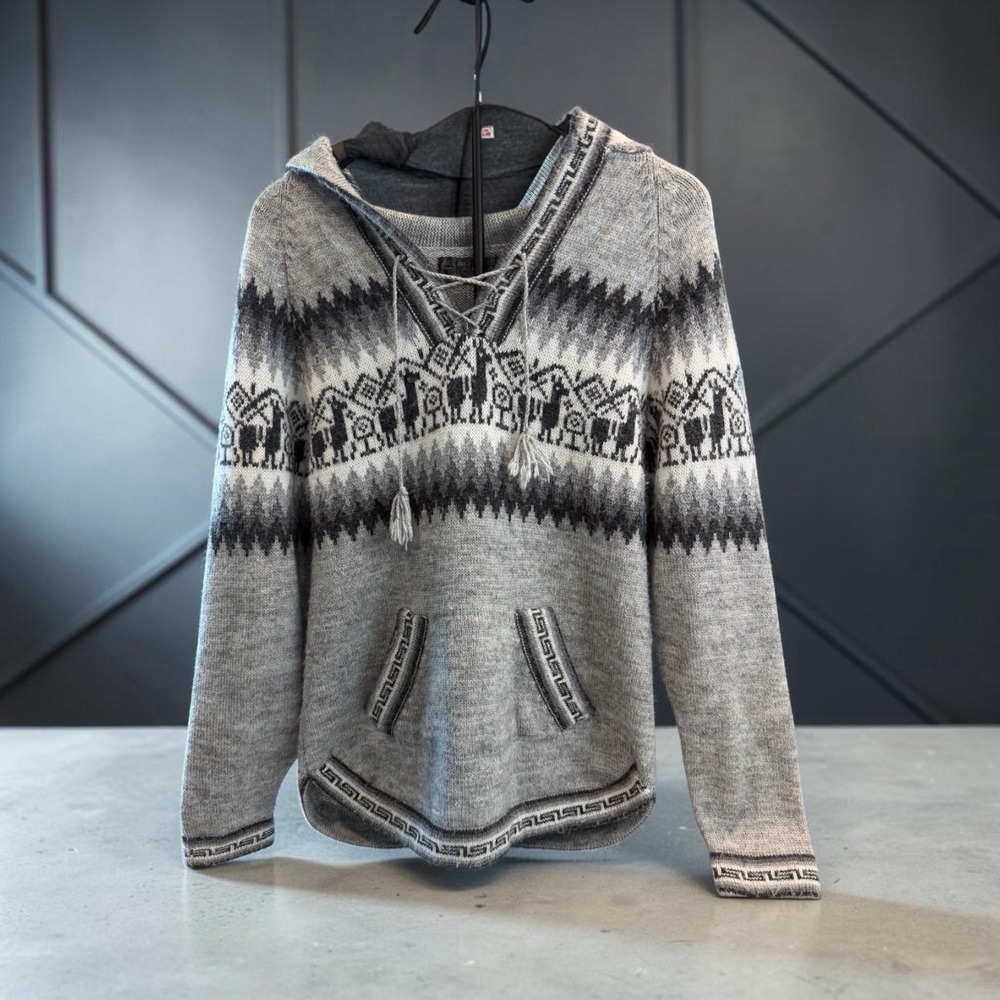 Arte Inka Berfas Alpaca Hooded Fair Isle Lace Up Sweater Peru Women's Gray Med